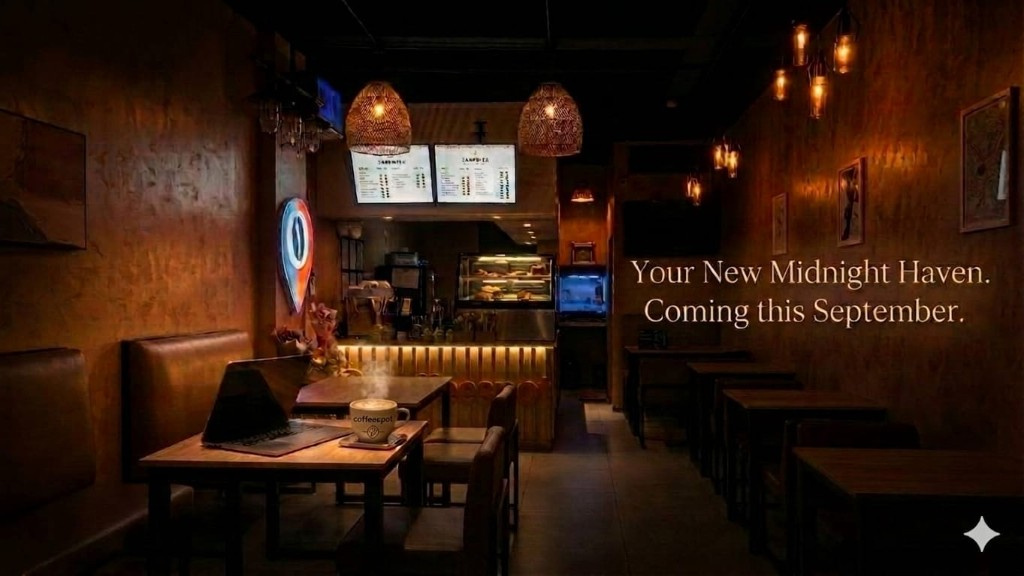CoffeeSpot interior at night with laptop and coffee